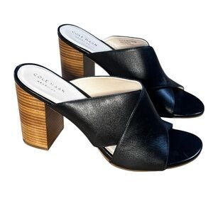 Cole Haan Black Leather Mules with Wooden Heel